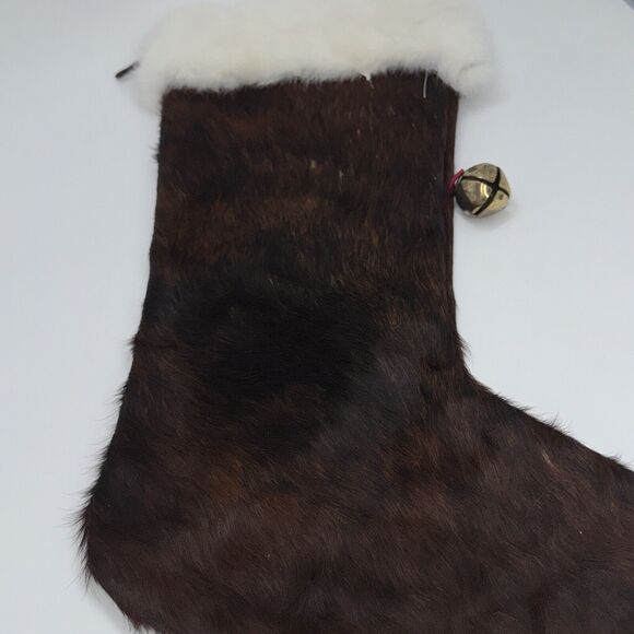 Handmade Cowhide Brown Christmas Stocking Rabbit Fur 20" Western Cowgirl Boho - Picture 7 of 10